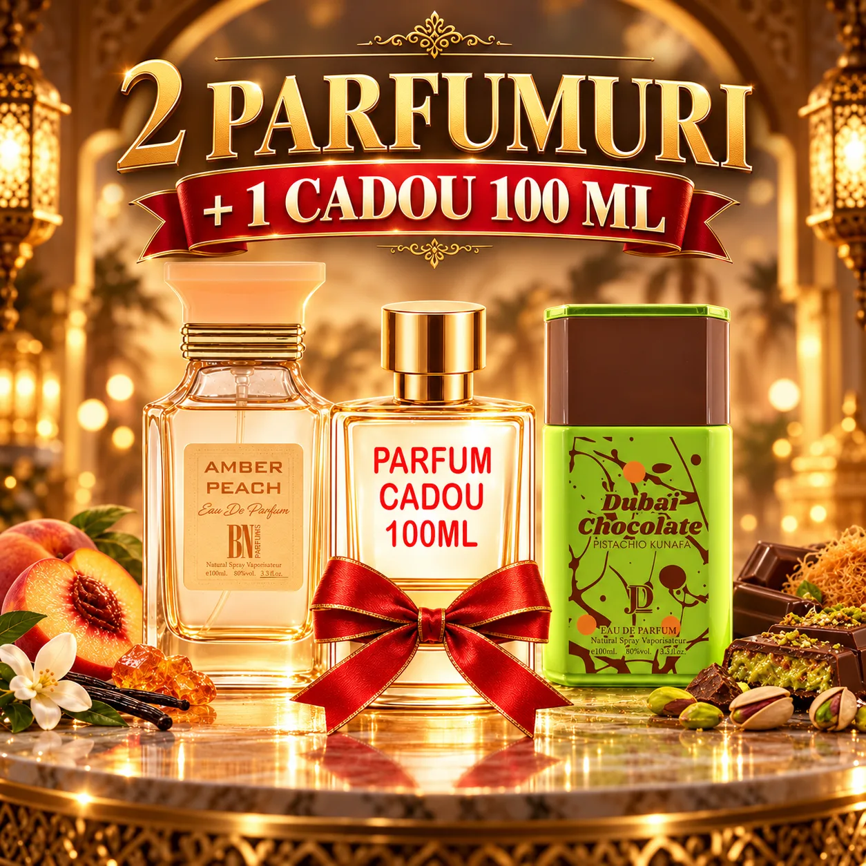 Pachet 3 Parfumuri + Amber Peach + Dubai Chocolate + 1 x Parfum Cadou