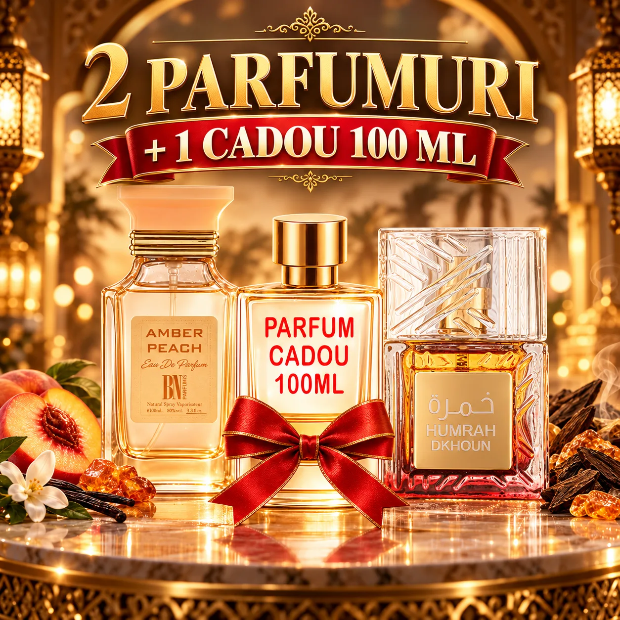 Pachet 3 Parfumuri + Amber Peach + Humrah Dkhoun + 1 x Parfum Cadou