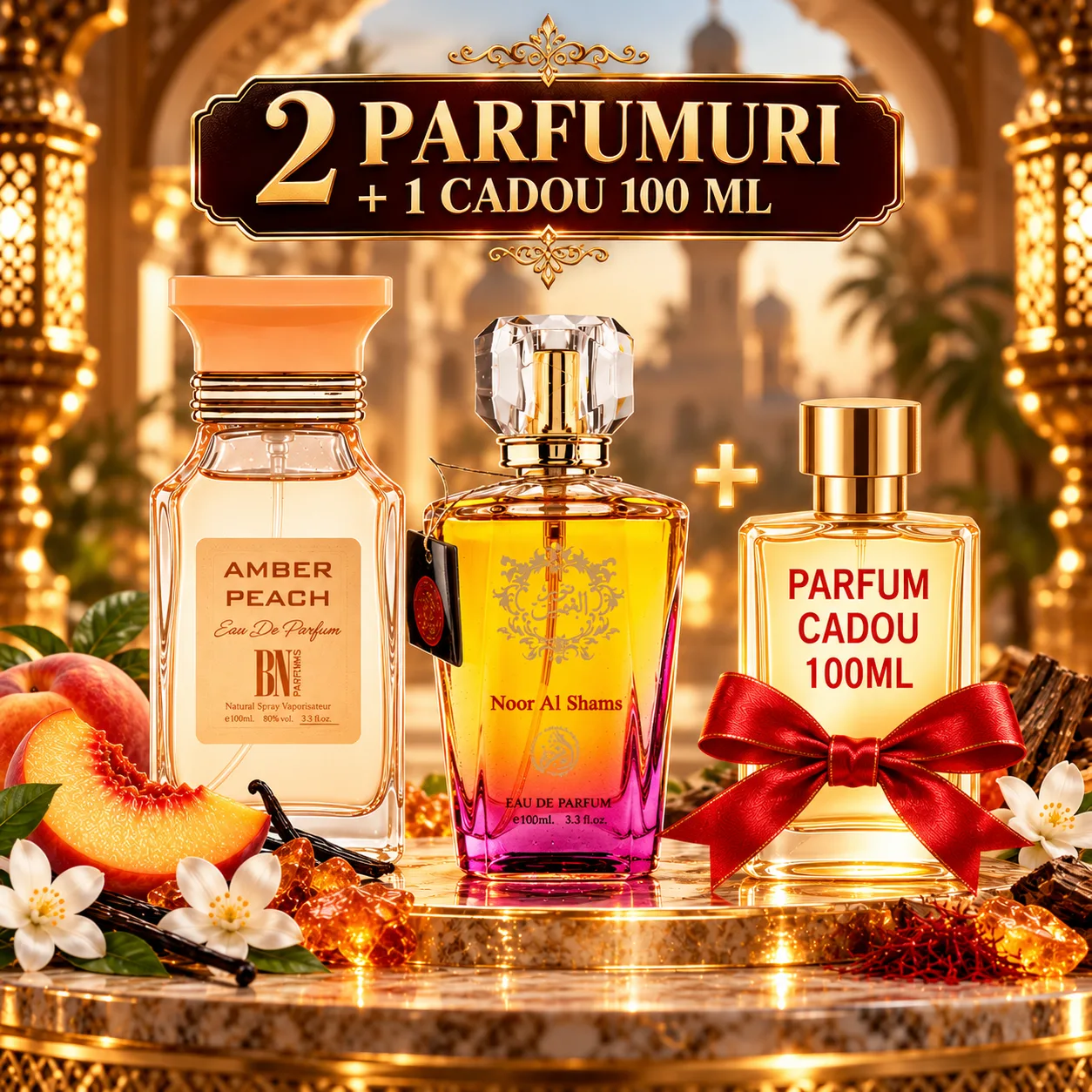 Pachet 3 Parfumuri + Amber Peach + Noor Al Shams + 1 x Parfum Cadou