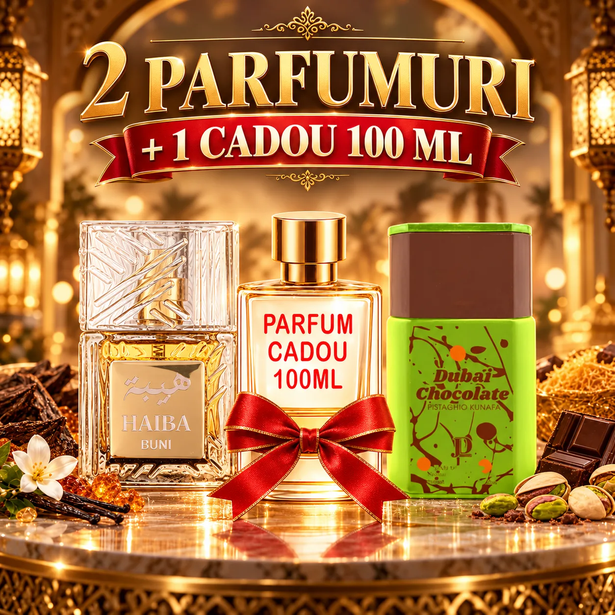 Pachet 3 Parfumuri + Haiba Buni  + Dubai Chocolate + 1 x Parfum Cadou