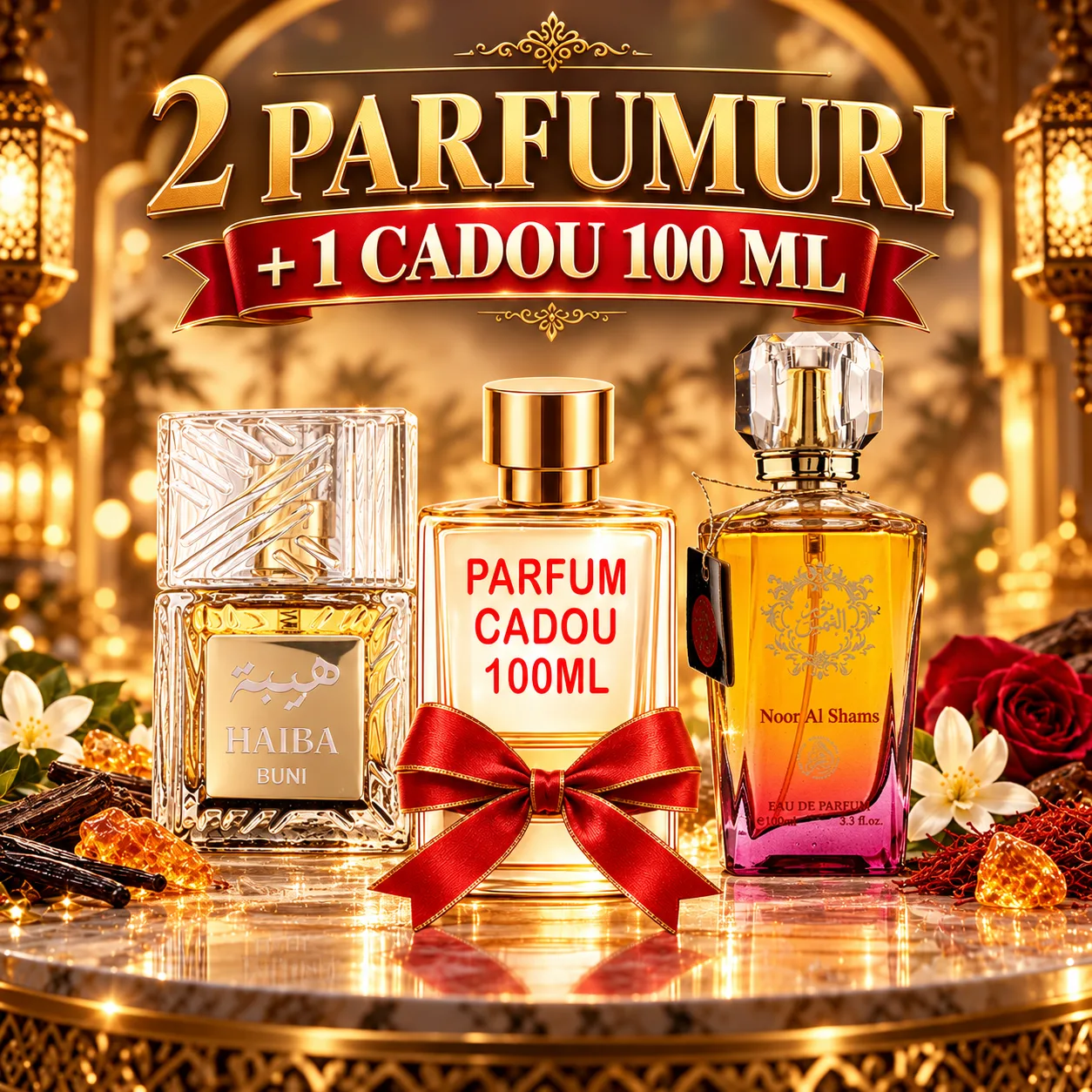 Pachet 3 Parfumuri + Haiba Buni  + Noor Al Shams + 1 x Parfum Cadou