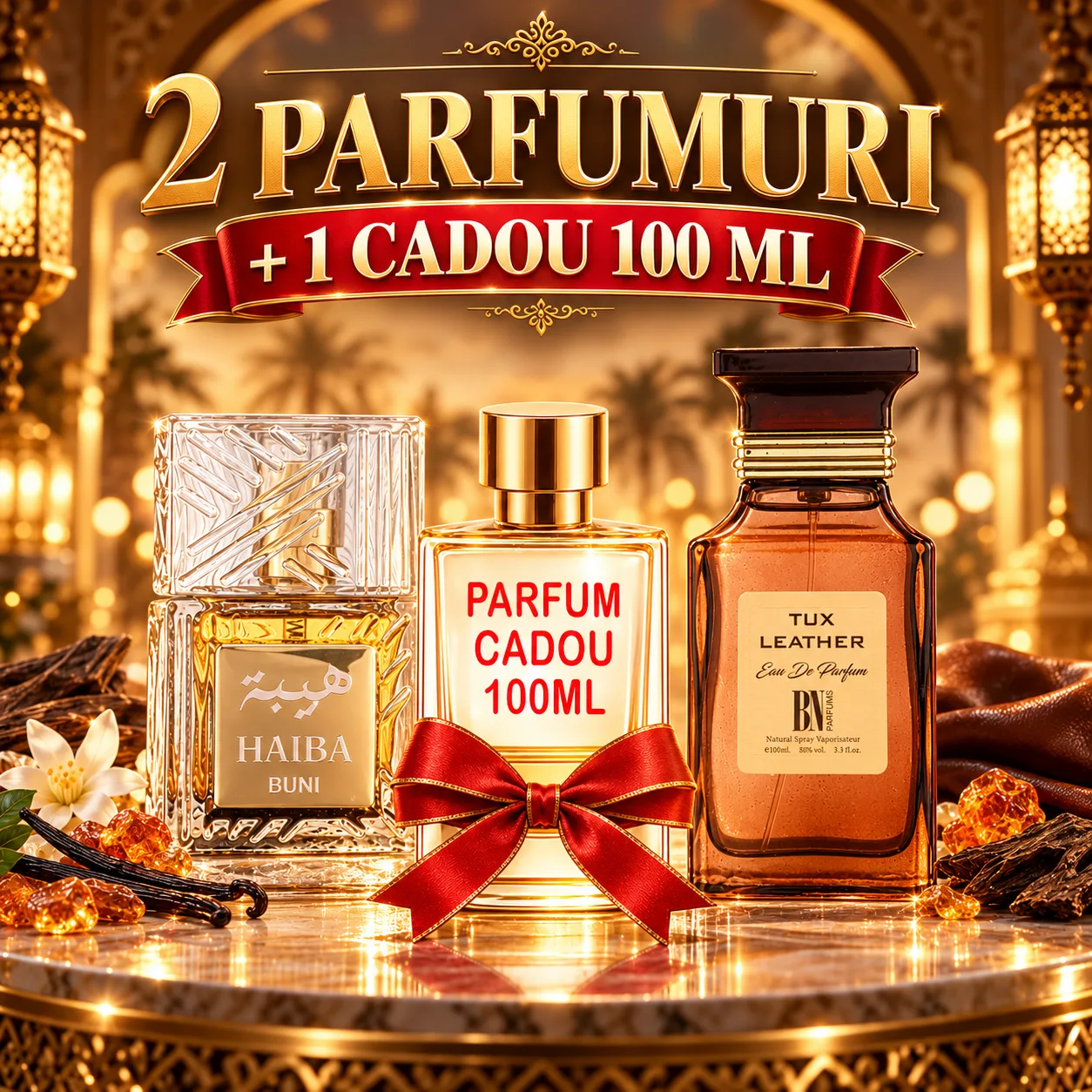 Pachet 3 Parfumuri + Haiba Buni + Tux Leather + 1 x Parfum Cadou