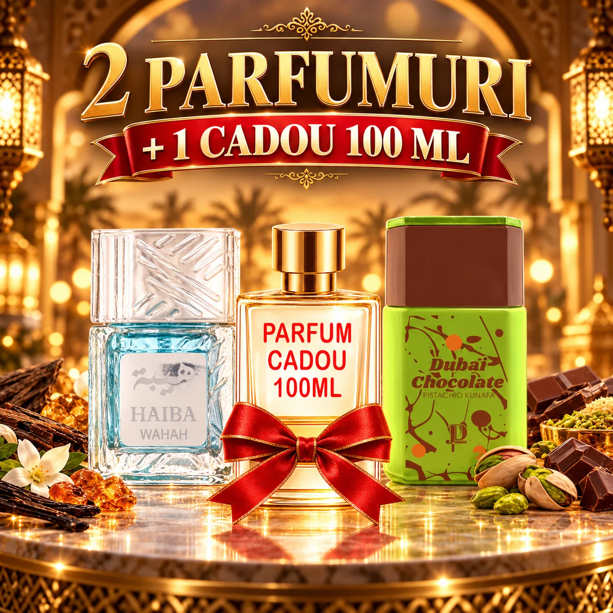 Pachet 3 Parfumuri + Haiba Wahah + Dubai Chocolate + 1 x Parfum Cadou