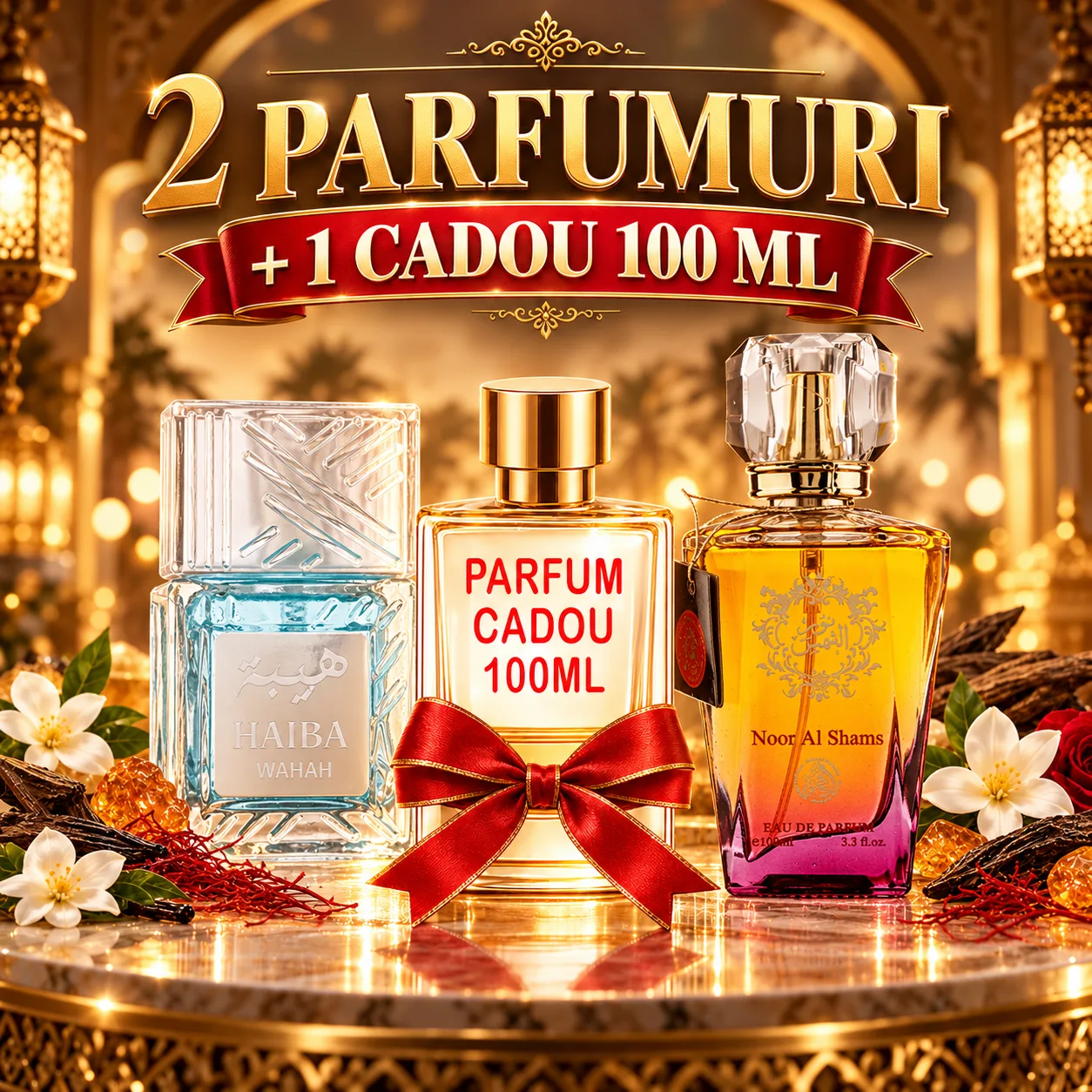 Pachet 3 Parfumuri + Haiba Wahah + Noor Al Shams + 1 x Parfum Cadou