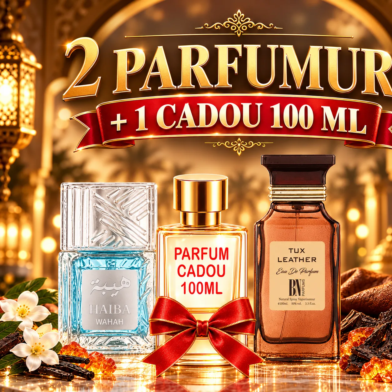 Pachet 3 Parfumuri + Haiba Wahah  + Tux Leather + 1 x Parfum Cadou