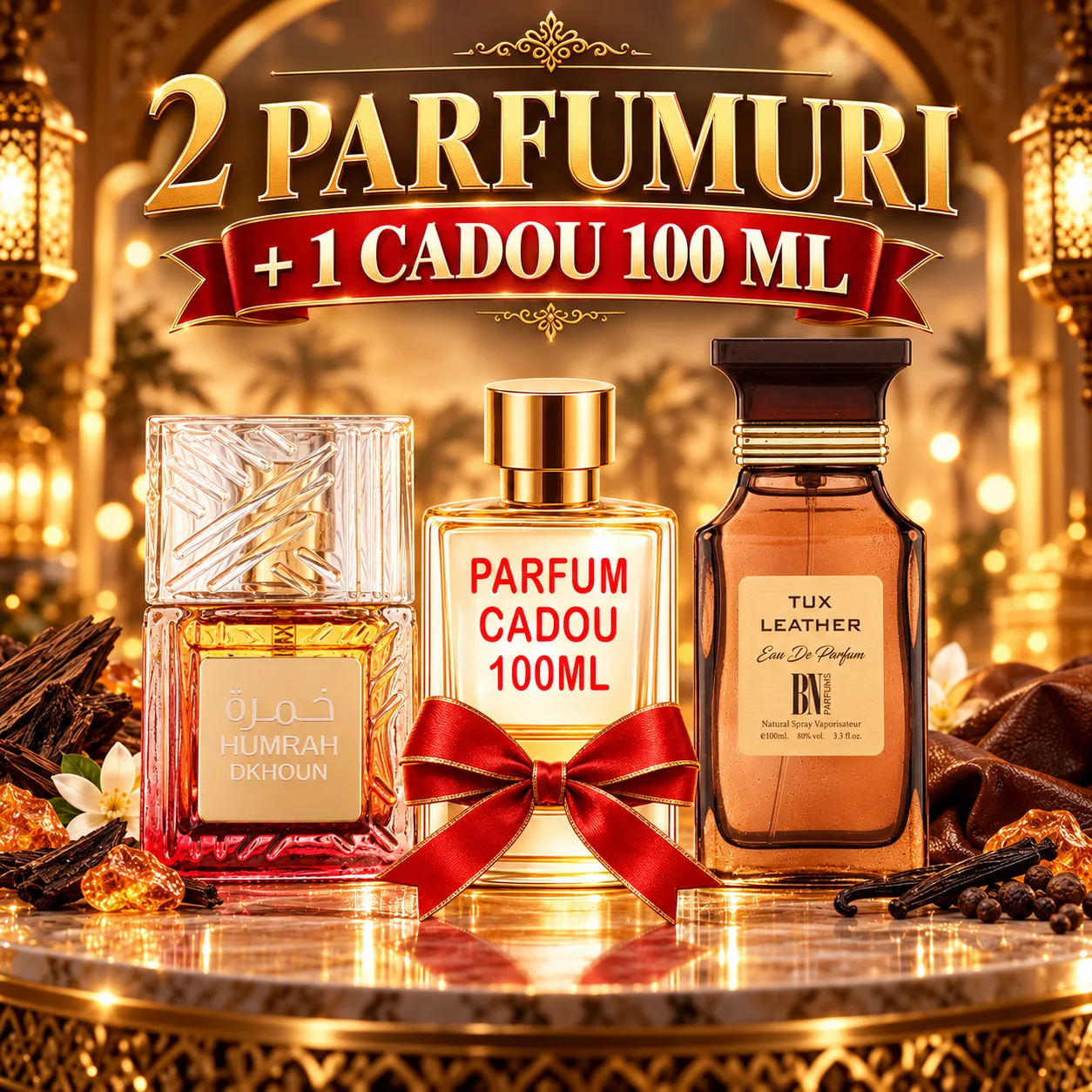 Pachet 3 Parfumuri + Humrah Dkhoun  + Tux Leather + 1 x Parfum Cadou