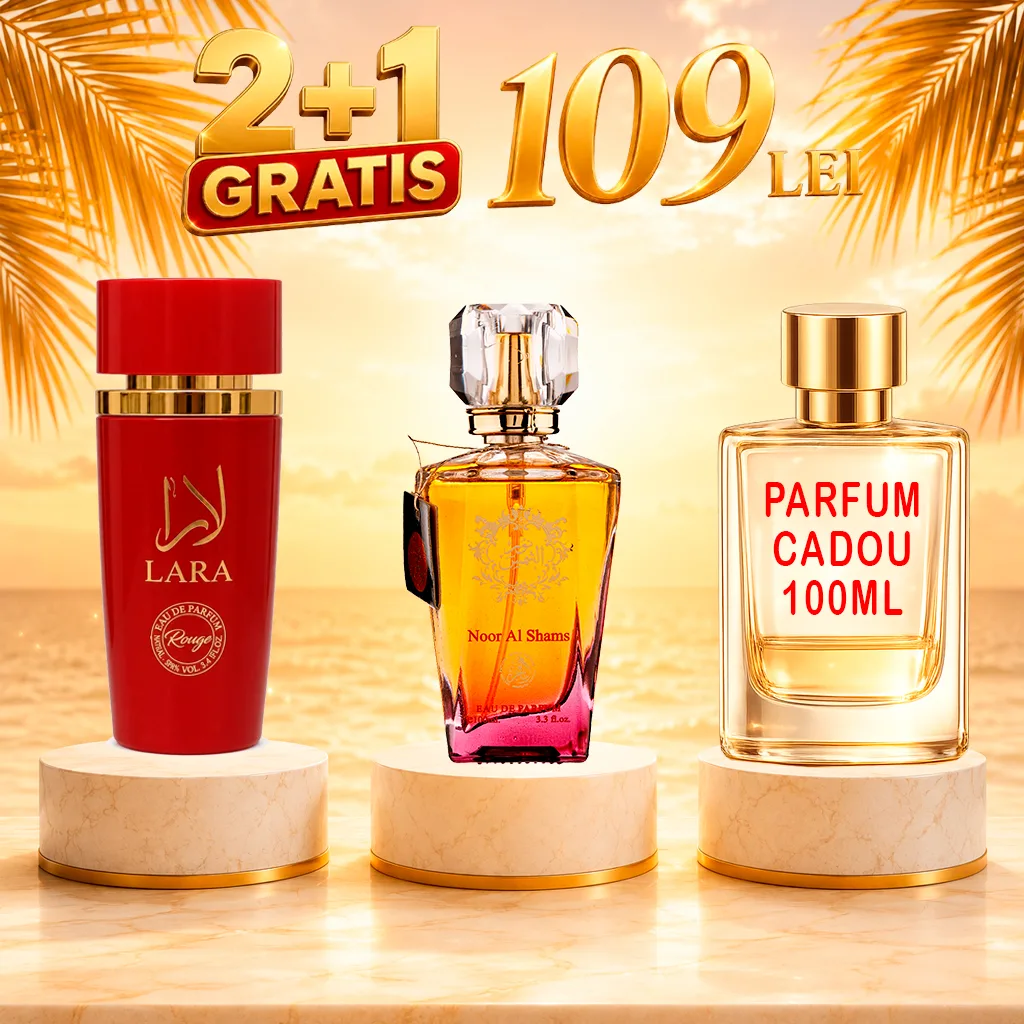 Pachet 3 Parfumuri + Lara Rouge + Noor Al Shams + 1 x Parfum Cadou