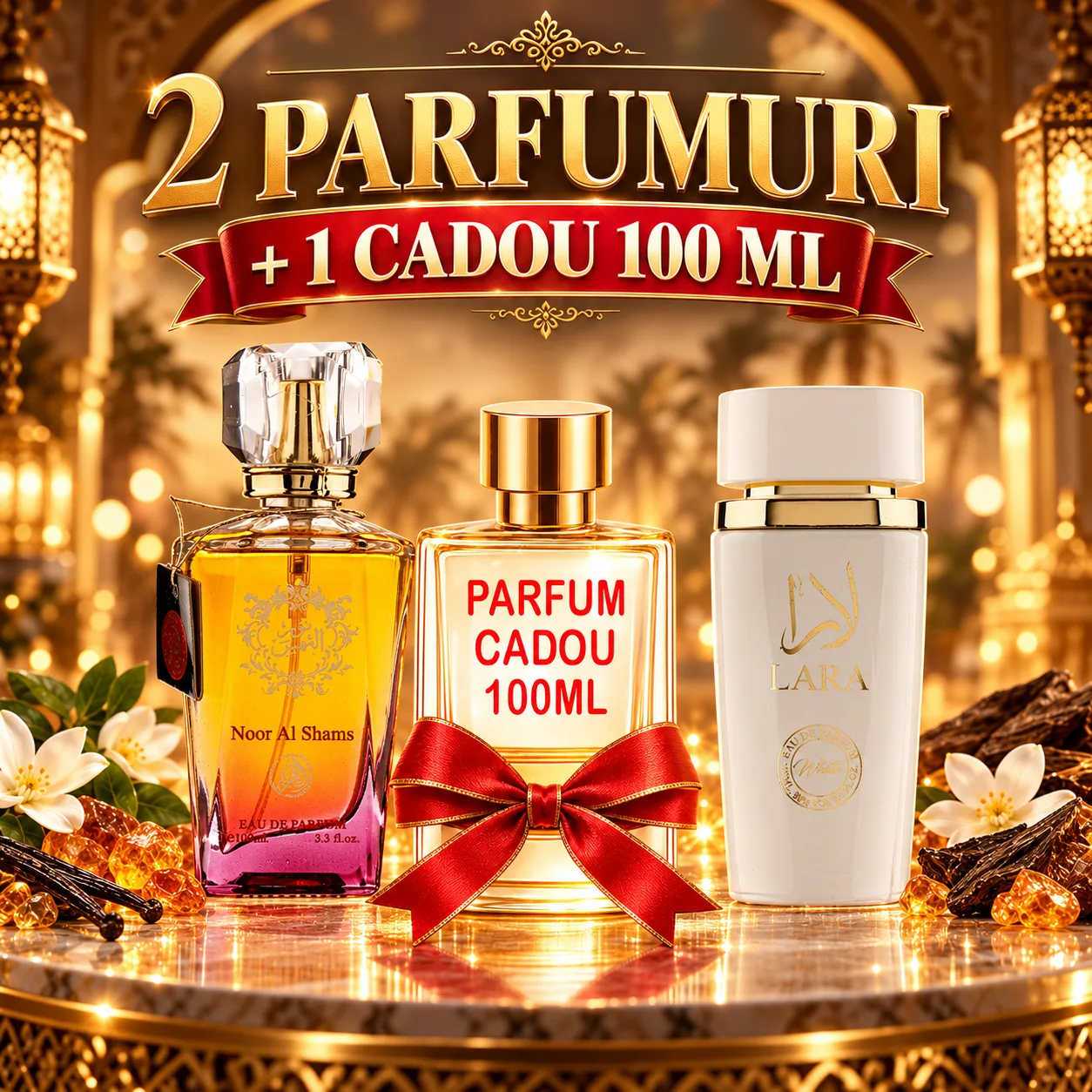 Pachet 3 Parfumuri + Noor Al Shams  + Lara White + 1 x Parfum Cadou