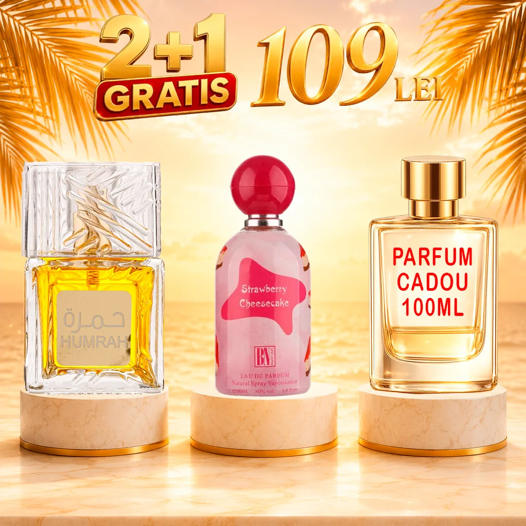 Pachet 3 Parfumuri + Strawberry Cheesecake + Humrah + 1 x Parfum Cadou