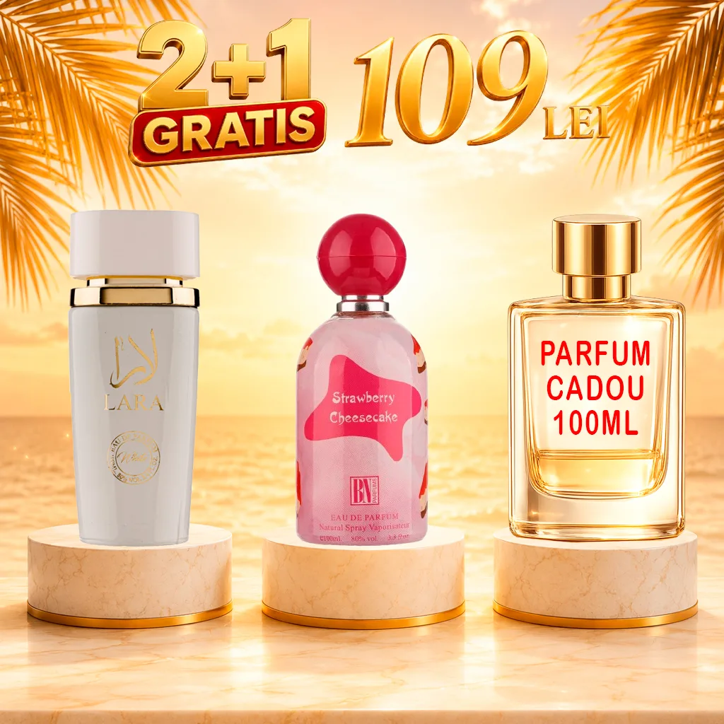 Pachet 3 Parfumuri + Strawberry Cheesecake + Lara White + 1 x Parfum Cadou