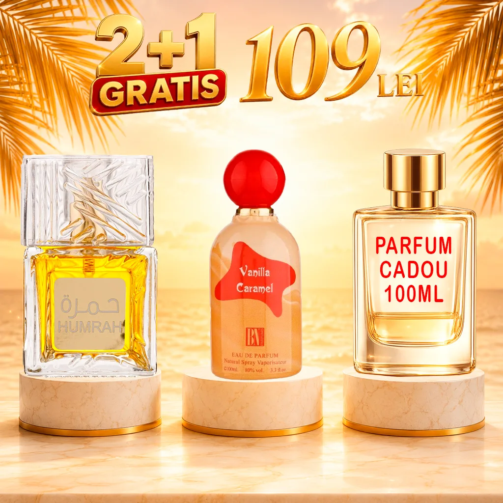 Pachet 3 Parfumuri + Vanilla Caramel + Humrah + 1 x Parfum Cadou