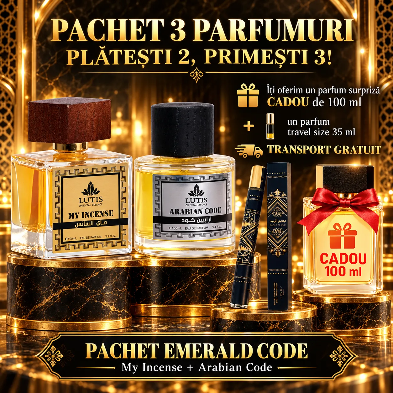 Pachet Parfum Arabesc El si Ea - Arabian Code + My Incense + 1 x Parfum Cadou 100ml + 1 x 35 ML