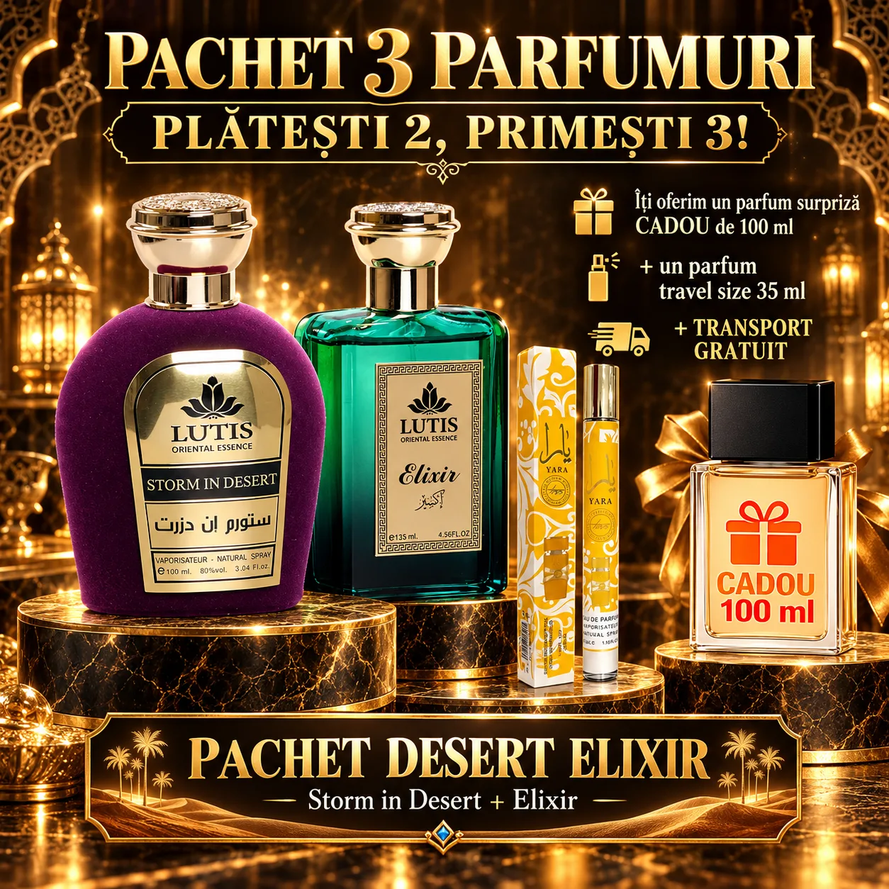 Pachet Parfum Arabesc El si Ea - Storm In Desert + Elixir + 1 x Parfum Cadou 100ml + 1 x 35 ML