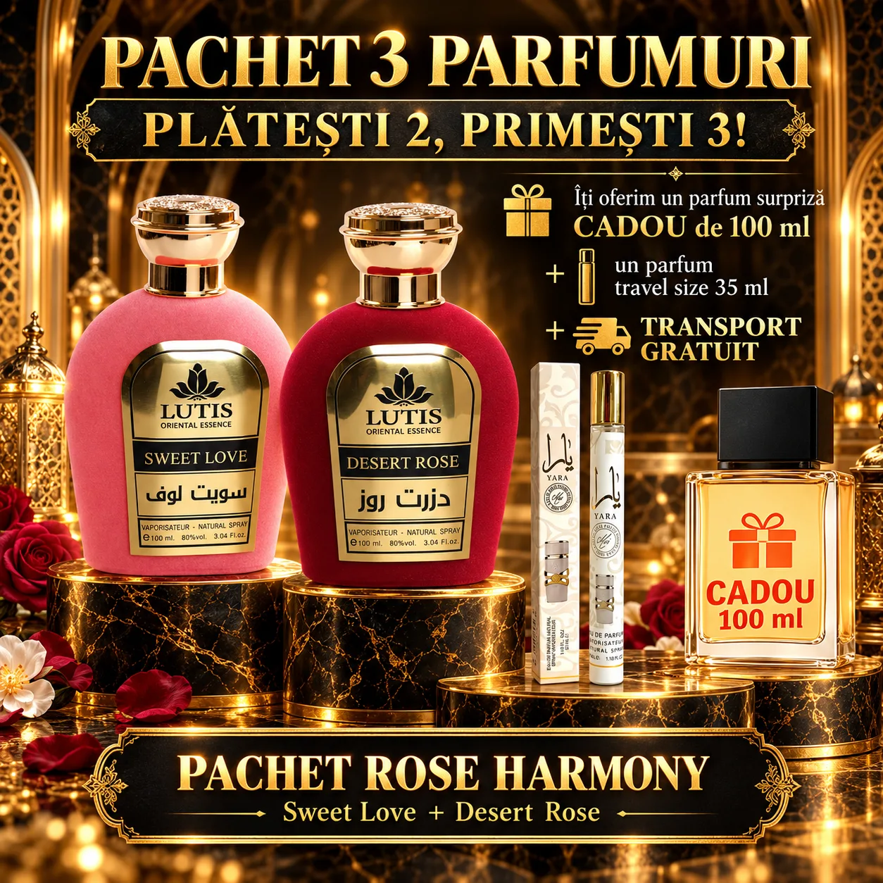 Pachet Parfum Arabesc El si Ea - Sweet Love + Desert Rose + 1 x Parfum Cadou 100ml + 1 x 35 ML